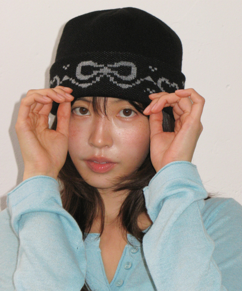 RIBBON JACQUARD BEANIE BLACK