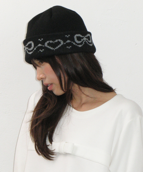 RIBBON JACQUARD BEANIE BLACK