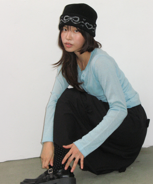 RIBBON JACQUARD BEANIE BLACK