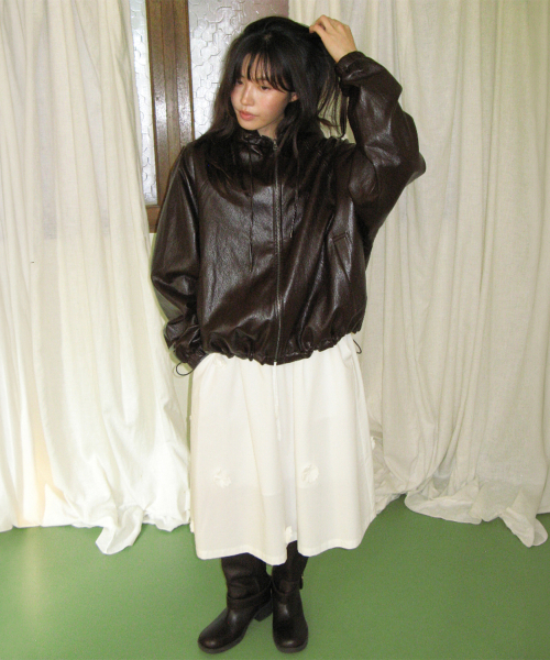 VEGAN LEATHER LOGO HOODIE ZIP UP BROWN