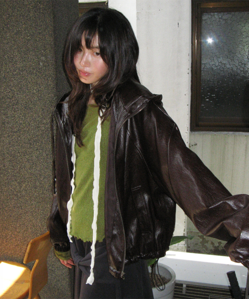 VEGAN LEATHER LOGO HOODIE ZIP UP BROWN