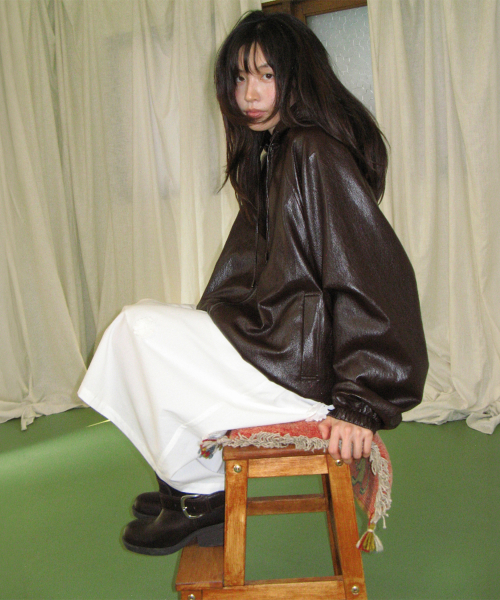 VEGAN LEATHER LOGO HOODIE ZIP UP BROWN