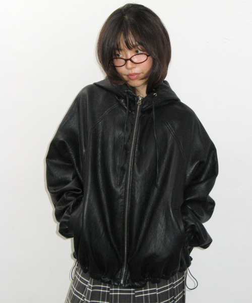 VEGAN LEATHER LOGO HOODIE ZIP UP BLACK