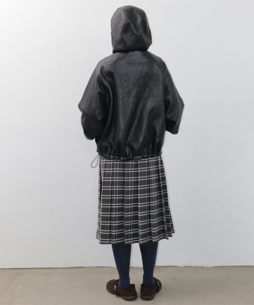 VEGAN LEATHER LOGO HOODIE ZIP UP BLACK