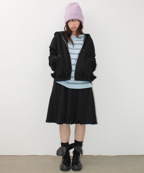 BUTTON RIBBON HOODIE ZIP UP BLACK