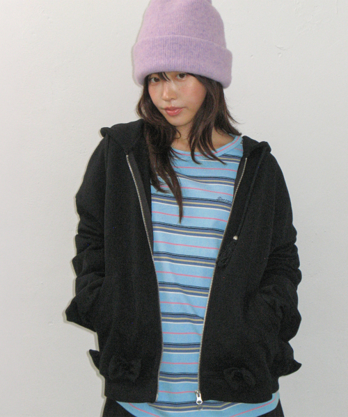 BUTTON RIBBON HOODIE ZIP UP BLACK