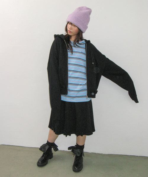 BUTTON RIBBON HOODIE ZIP UP BLACK