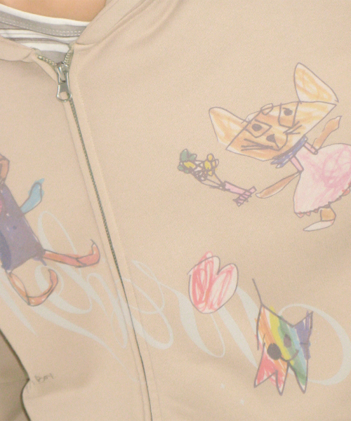 KIDS CAT DOODLE HOODIE ZIP UP ASH GREY