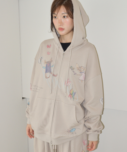 KIDS CAT DOODLE HOODIE ZIP UP ASH GREY
