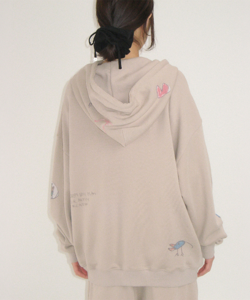 KIDS CAT DOODLE HOODIE ZIP UP ASH GREY