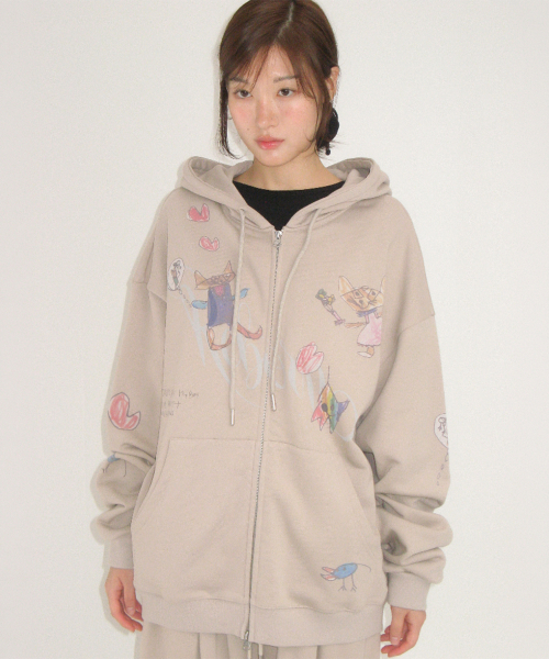 KIDS CAT DOODLE HOODIE ZIP UP ASH GREY