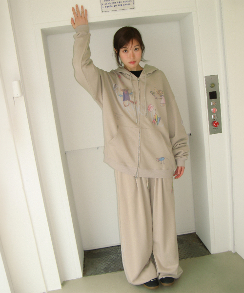 KIDS CAT DOODLE HOODIE ZIP UP ASH GREY