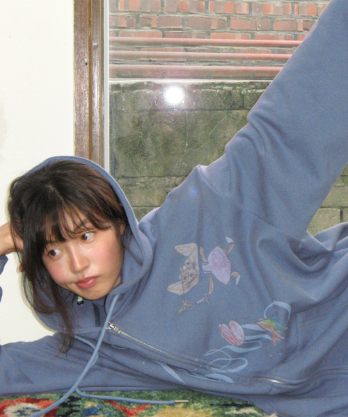 KIDS CAT DOODLE HOODIE ZIP UP DUSTY BLUE