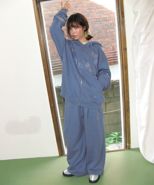KIDS CAT DOODLE HOODIE ZIP UP DUSTY BLUE
