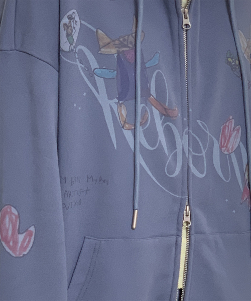 KIDS CAT DOODLE HOODIE ZIP UP DUSTY BLUE