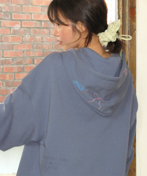 KIDS CAT DOODLE HOODIE ZIP UP DUSTY BLUE