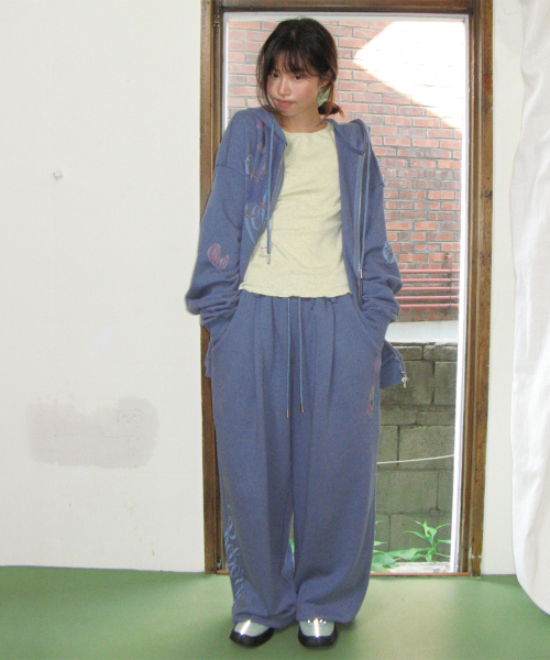 KIDS CAT DOODLE HOODIE ZIP UP DUSTY BLUE