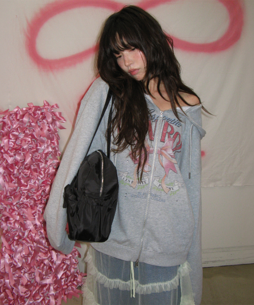 VINTAGE DOUBLE RIBBON HOODIE ZIP UP GREY