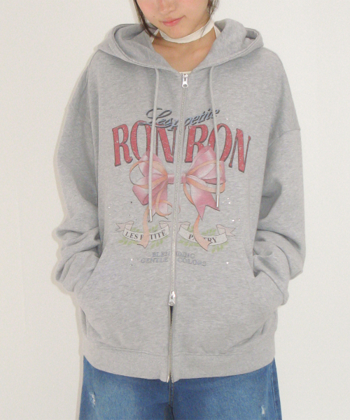VINTAGE DOUBLE RIBBON HOODIE ZIP UP GREY