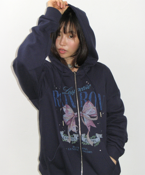 VINTAGE DOUBLE RIBBON HOODIE ZIP UP NAVY