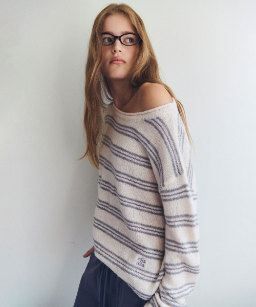 NUBASIC STRIPE BOATNECK LOOSE FIT KNIT PINK