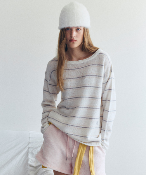NUBASIC STRIPE BOATNECK LOOSE FIT KNIT WHITE