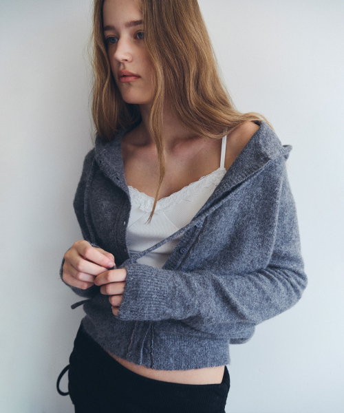 NUBASIC HOOD BUTTON CARDIGAN CHARCOAL