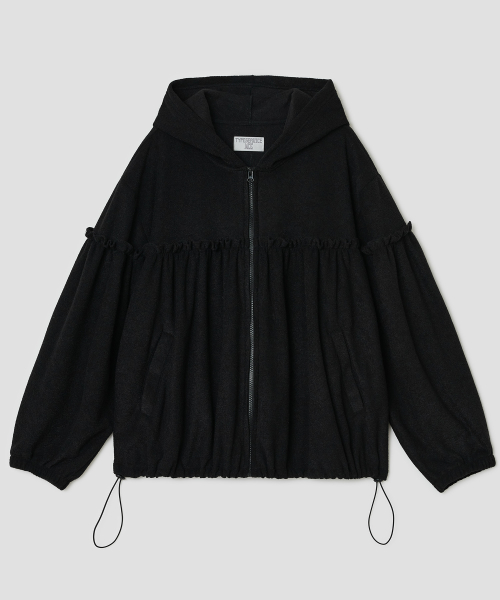 Shirred Fleece Zip Hoodie [Black]