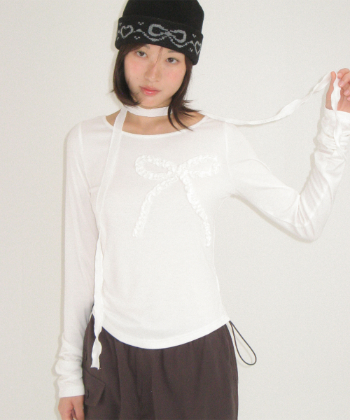 PETIT SCARF SET RIBBON SHIRRING LONG SLEEVE WHITE