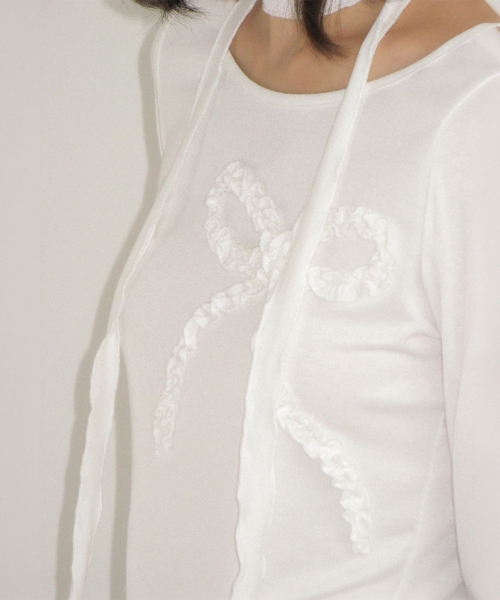 PETIT SCARF SET RIBBON SHIRRING LONG SLEEVE WHITE