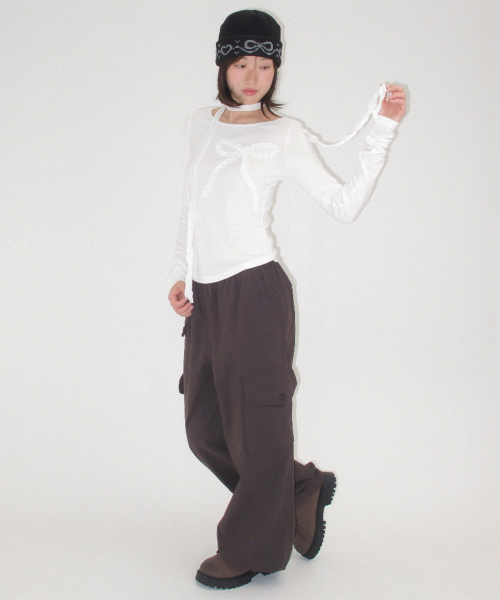 PETIT SCARF SET RIBBON SHIRRING LONG SLEEVE WHITE