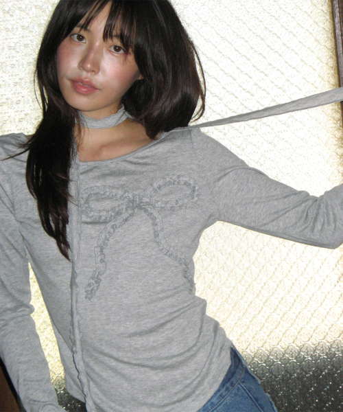 PETIT SCARF SET RIBBON SHIRRING LONG SLEEVE GREY
