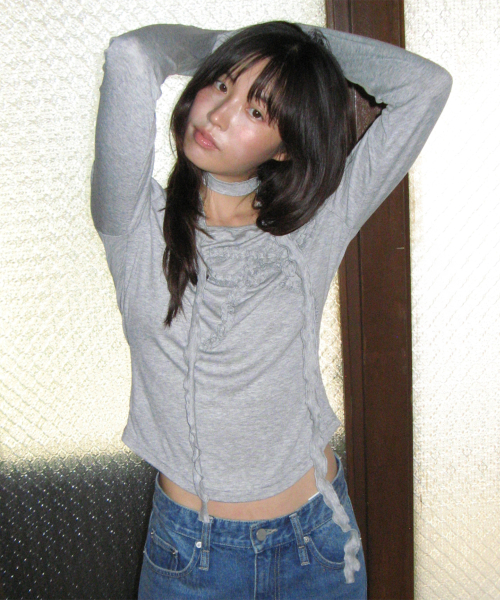 PETIT SCARF SET RIBBON SHIRRING LONG SLEEVE GREY