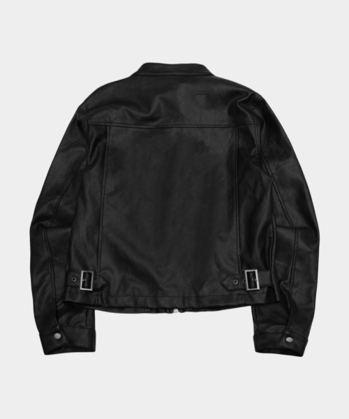 Napoleon Double-Button Cut-Line Semi-Oversized Racing Leather Zip-Up Jacket [Black]