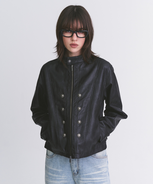 Napoleon Double-Button Cut-Line Semi-Oversized Racing Leather Zip-Up Jacket [Black]