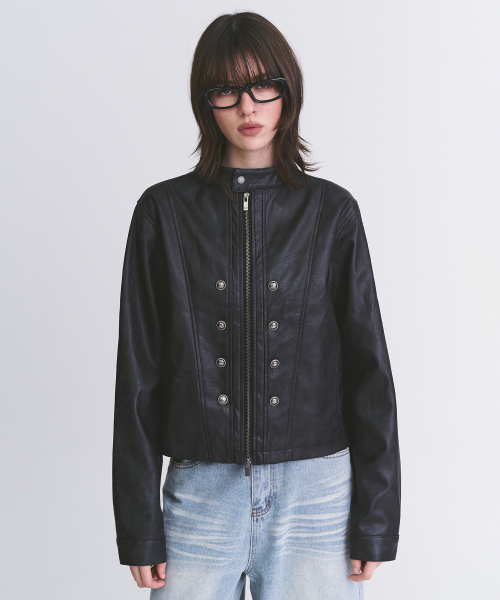 Napoleon Double-Button Cut-Line Semi-Oversized Racing Leather Zip-Up Jacket [Black]