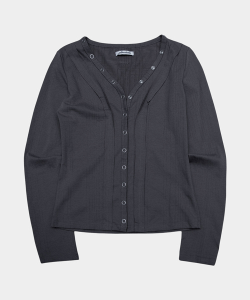 Eyelet Snap Button Detail Vneck Semi-Crop Long Sleeve Cardigans Jacket_3COLOR