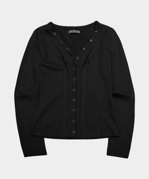 Eyelet Snap Button Detail Vneck Semi-Crop Long Sleeve Cardigans Jacket_3COLOR
