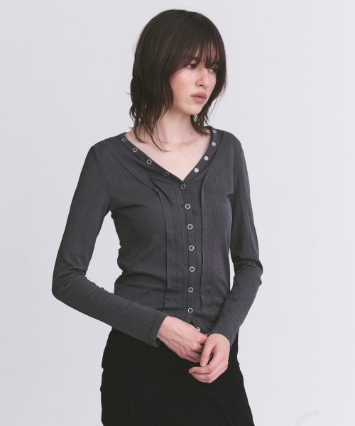 Eyelet Snap Button Detail Vneck Semi-Crop Long Sleeve Cardigans Jacket_3COLOR
