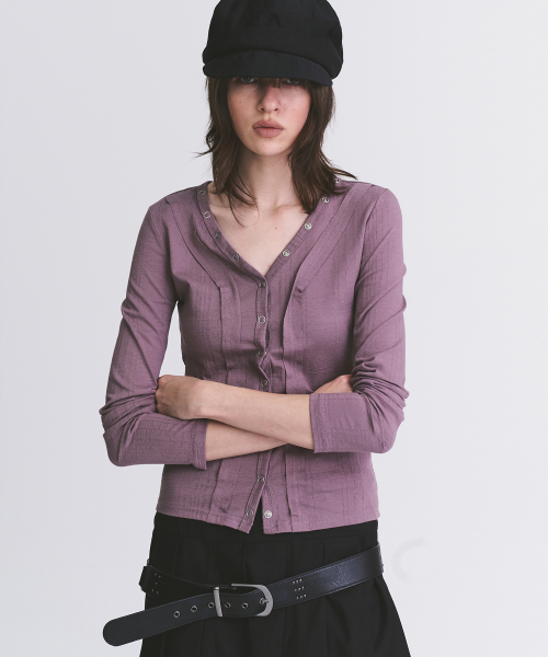 Eyelet Snap Button Detail Vneck Semi-Crop Long Sleeve Cardigans Jacket_3COLOR