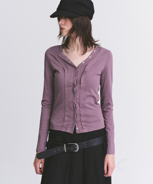 Eyelet Snap Button Detail Vneck Semi-Crop Long Sleeve Cardigans Jacket_3COLOR