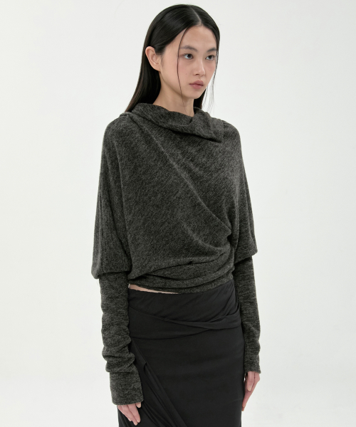 Knit Asymmetrical Long Sleeve (FL-193_Charcoal Melange)