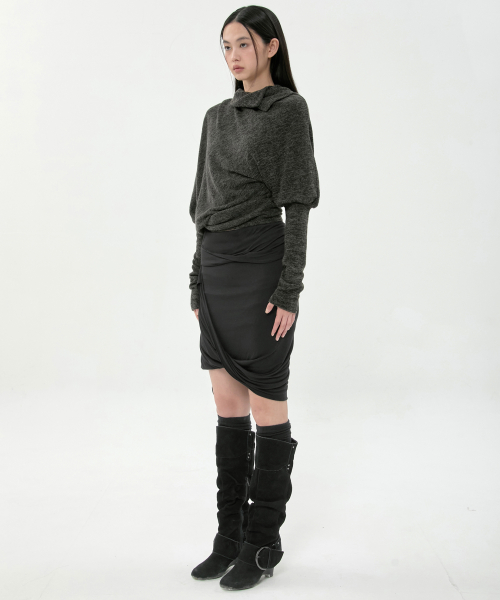 Knit Asymmetrical Long Sleeve (FL-193_Charcoal Melange)