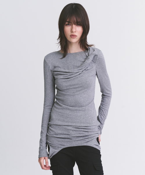 Cut-Out Hole Twist Detail Round-Neck Long-Sleeve Midi Layered One Piece_3COLOR