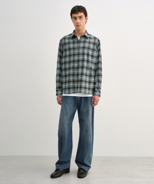 Peach Check Shirt ASH BLUE