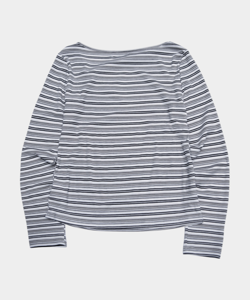 Multi-Stripe Diagonal Eyelet Detail Cotton Long-Sleeve Womens T Shirt [Black]