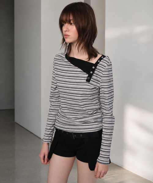 Multi-Stripe Diagonal Eyelet Detail Cotton Long-Sleeve Womens T Shirt [Black]