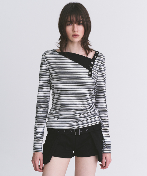 Multi-Stripe Diagonal Eyelet Detail Cotton Long-Sleeve Womens T Shirt [Black]