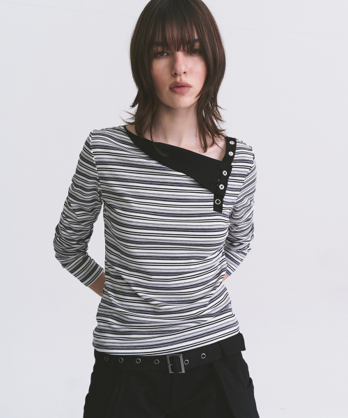 Multi-Stripe Diagonal Eyelet Detail Cotton Long-Sleeve Womens T Shirt [Black]