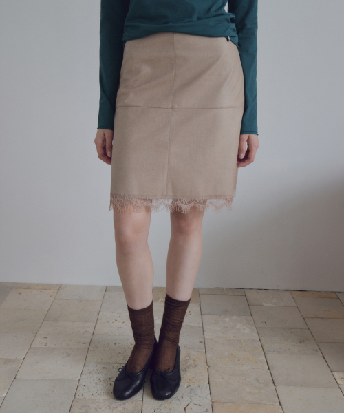 Lace Trim Leather Skirt_CTS640(Beige)